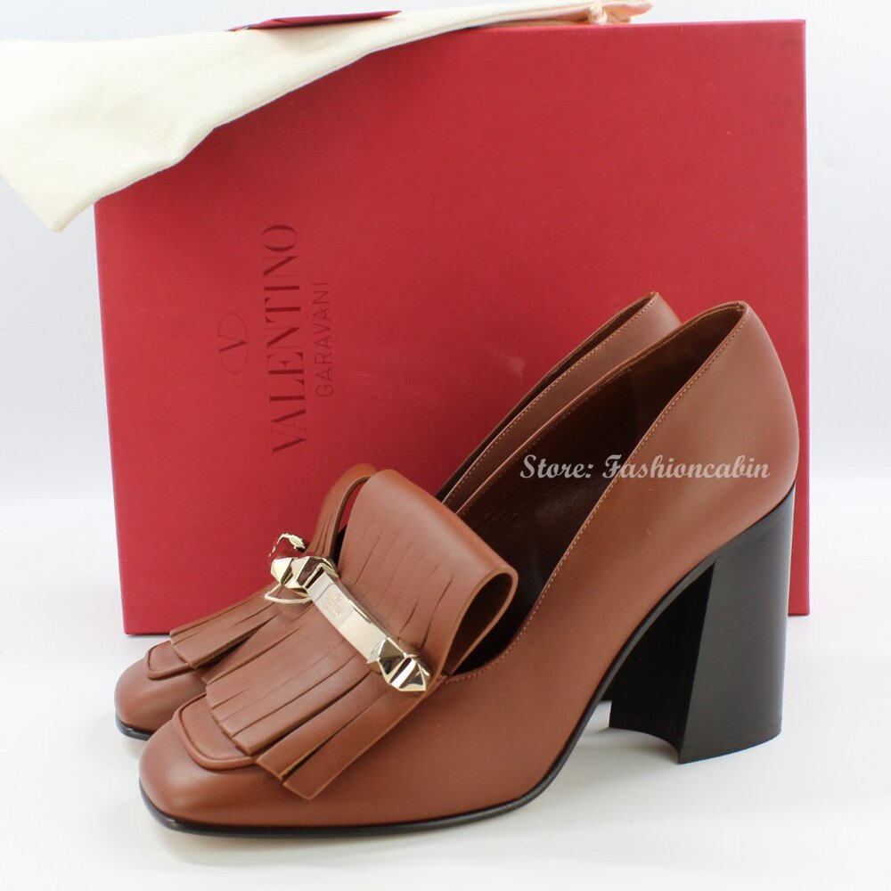 NEW Valentino Garavani Uptown Rockstud Fringe Leather Pumps Brown EU 38